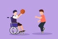 Graphic flat design drawing happy lifestyle of disabled people concept. Little cute boy in wheelchair playing ball with male Royalty Free Stock Photo