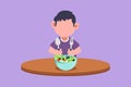 Graphic flat design drawing happy little boy eating fresh vegetable salad and showing thumb up sign. Cute child eating fresh Royalty Free Stock Photo