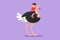 Graphic flat design drawing happy little boy riding cute ostrich. Brave child sitting on back ostrich with holding its neck.