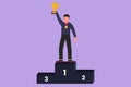 Graphic flat design drawing happy male athlete lifting golden trophy with one hand on first podium. Attractive man celebrate