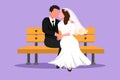 Graphic flat design drawing happy man and beautiful woman face to face sitting on park bench and kissing with wedding dress. Royalty Free Stock Photo