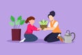 Graphic flat design drawing happy mom and her daughter gardening. Having hobby with kid. Mom and baby girl planting flowers. Idea Royalty Free Stock Photo