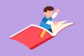 Graphic flat design drawing of happy smiling preschooler kid boy flying on big open book. Children riding magical flying book. Royalty Free Stock Photo