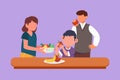 Graphic flat design drawing healthy food for kids and family concept. Happy father mother and little son characters eating and Royalty Free Stock Photo