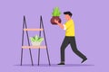 Graphic flat design drawing of home gardening. Male take care to houseplant. Man carefully puts flower in pot on rack. Growing