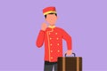 Graphic flat design drawing of hotel doorman in uniform held suitcase with celebrate gesture. Serve guests in friendly and warm