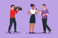 Graphic flat design drawing journalist, operator interview television program news. TV host, reporter, cameraman questioning woman