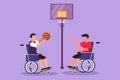 Graphic flat design drawing joyful disabled young man in wheelchair playing basketball together at basketball court. Concept of