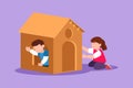 Graphic flat design drawing of kids playing cardboard box toy house together. Happy little boy and girl playing in and out of toy