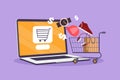 Graphic flat design drawing laptop computer and shopping cart with product purchased online. E-commerce and digital marketing. Royalty Free Stock Photo