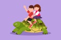 Graphic flat design drawing little boy and girl riding sea turtle together. Children sitting on back tortoise with fins diving in Royalty Free Stock Photo