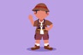 Graphic flat design drawing little boy scout wearing safari outfit complete with hat, carrying bag and draping binoculars. Royalty Free Stock Photo