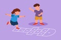 Graphic flat design drawing of little girl and boy playing hopscotch at kindergarten yard. Happy kids hopping at school playground