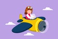 Graphic flat design drawing little girl operating plane. Kids flying in airplane. Happy smiling kid flying plane like real pilot Royalty Free Stock Photo