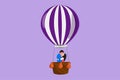 Graphic flat design drawing lovely romantic Arab couple kissing in hot air balloon in sky and clouds, amorous relationship man and