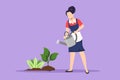 Graphic flat design drawing lovely young woman or gardener taking care of home garden. Beautiful female watering houseplants
