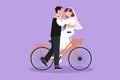 Graphic flat design drawing of loving married couple, man and woman sitting on bicycle and kissing. Romantic human relation, love