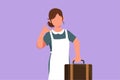 Graphic flat design drawing of maid in hotel holding suitcase with call me gesture. Work deftly to clean and prepare sheet bed in