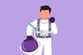 Graphic flat design drawing male astronaut holding helmet with celebrate gesture wearing spacesuit and ready to explore outer