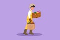 Graphic flat design drawing male farmer carrying basket full of fruit in his hands. Abundant yields from plantations in the Royalty Free Stock Photo