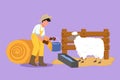 Graphic flat design drawing male farmer feed sheep with fresh grass to be healthy, produce best milk, meat, fleece. Livestock