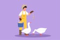 Graphic flat design drawing of male farmer feeding geese or ducks to be healthy, produce best eggs and meat. Countryside farming.