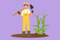 Graphic flat design drawing male farmer standing with thumbs up gesture, wearing straw hat and carrying shovel to plant crops on
