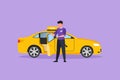 Graphic flat design drawing male taxi drivers are inviting prospective passengers to get inside and deliver them to their