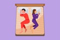 Graphic flat design drawing man and woman sleeping turn their backs on each other on bed. Marriage couple lying back during night Royalty Free Stock Photo