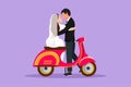 Graphic flat design drawing married couple with wedding dress kissing on motorbike. Wife and husband with scooter, amorous Royalty Free Stock Photo