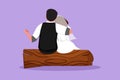 Graphic flat design drawing married people in love sit on wooden log, hugging, looking at moon and star. Man and woman enjoying