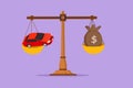 Graphic flat design drawing money sack scales concept with a car on one side and sack of money on the other. Sale and business Royalty Free Stock Photo