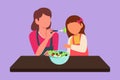 Graphic flat design drawing mother feeds her little daughter food and in front of her is bowl filled with salad. Happy mom and