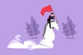 Graphic flat design drawing motivation businessman riding big chess horse knight and holding flag, strategy, goals, competitive,