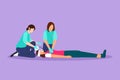 Graphic flat design drawing paramedic giving indirect heart massage first aid to woman patient. Saving lives or emergency accident