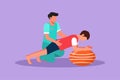 Graphic flat design drawing physiotherapist, rehabilitologist doctor rehabilitates man patient. Male doing exercises on fitball.