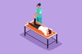 Graphic flat design drawing of physiotherapy rehabilitation assistance. Woman patient lying on massage table therapist doing Royalty Free Stock Photo