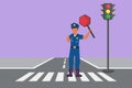 Graphic flat design drawing policeman on crossing path near traffic light, in full uniform, lifting traffic stop sign, controlling Royalty Free Stock Photo