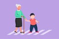 Graphic flat design drawing polite boy help grandmother cross street. Well mannered child assistance to aged woman. Kid and Royalty Free Stock Photo