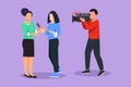 Graphic flat design drawing pretty girl journalist with microphone, interview woman in front of camera. Reporter, cameraman Royalty Free Stock Photo