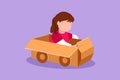 Graphic flat design drawing of pretty little girl driving cardboard car. Happy children ride on toy car made of cardboard. Royalty Free Stock Photo