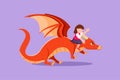 Graphic flat design drawing pretty little girl flying with fantasy dragon. Bravery child fly and sitting on back dragon at the sky Royalty Free Stock Photo