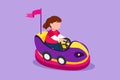 Graphic flat design drawing of pretty little girl riding in bump car at outdoor playground. Happy kids driving bumpercar. Children Royalty Free Stock Photo