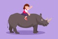 Graphic flat design drawing pretty little girl riding rhino rhinoceros. Cheerful children sitting on back rhinoceros in zoo. Brave