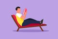 Graphic flat design drawing of reclined man reading book in lounge chair. Chill out time with good story concept. Smart male Royalty Free Stock Photo