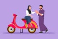 Graphic flat design drawing riders couple trip travel. Romantic honeymoon moments sitting and talking on motorcycle. Arabian man