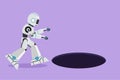 Graphic flat design drawing robot looking at black hole. Tech business opportunity, exploration or challenge. Future technology