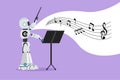 Graphic flat design drawing robot music conductor directing symphony orchestra. Future technology. Artificial intelligence and