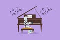 Graphic flat design drawing robot musician sitting and playing grand piano on stage. Modern robotic artificial intelligence.