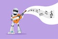 Graphic flat design drawing robot playing ukulele or small guitar and singing having fun. Robotic artificial intelligence